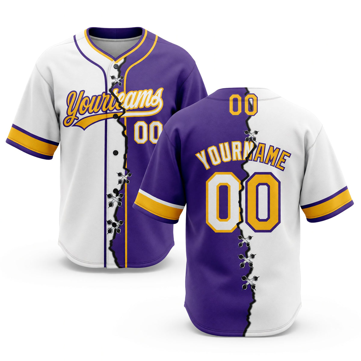 Custom Purple White-Gold Split Ripped Pattern Baseball Pullover Sweatshirt Hoodie