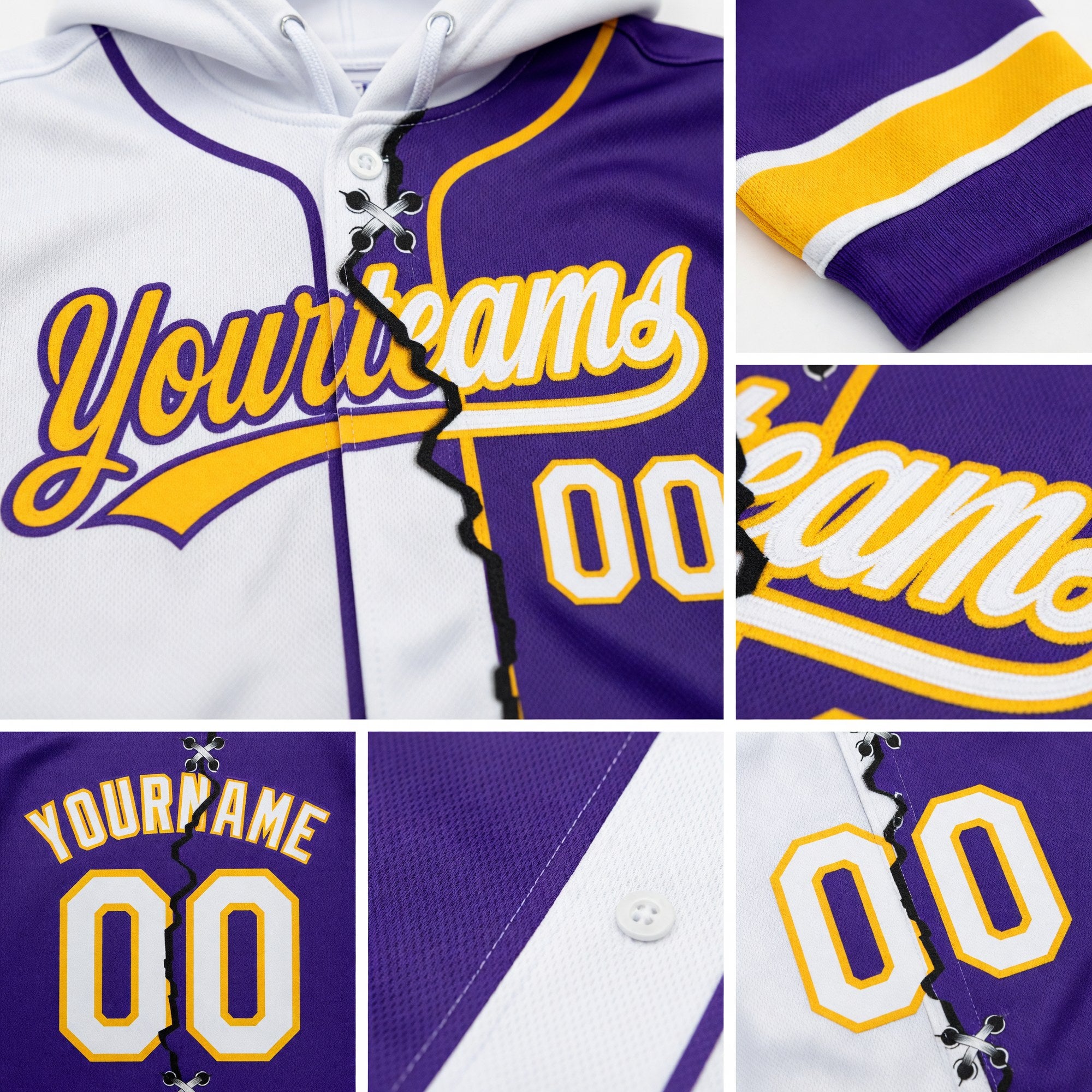 Custom Purple White-Gold Split Ripped Pattern Baseball Pullover Sweatshirt Hoodie detail