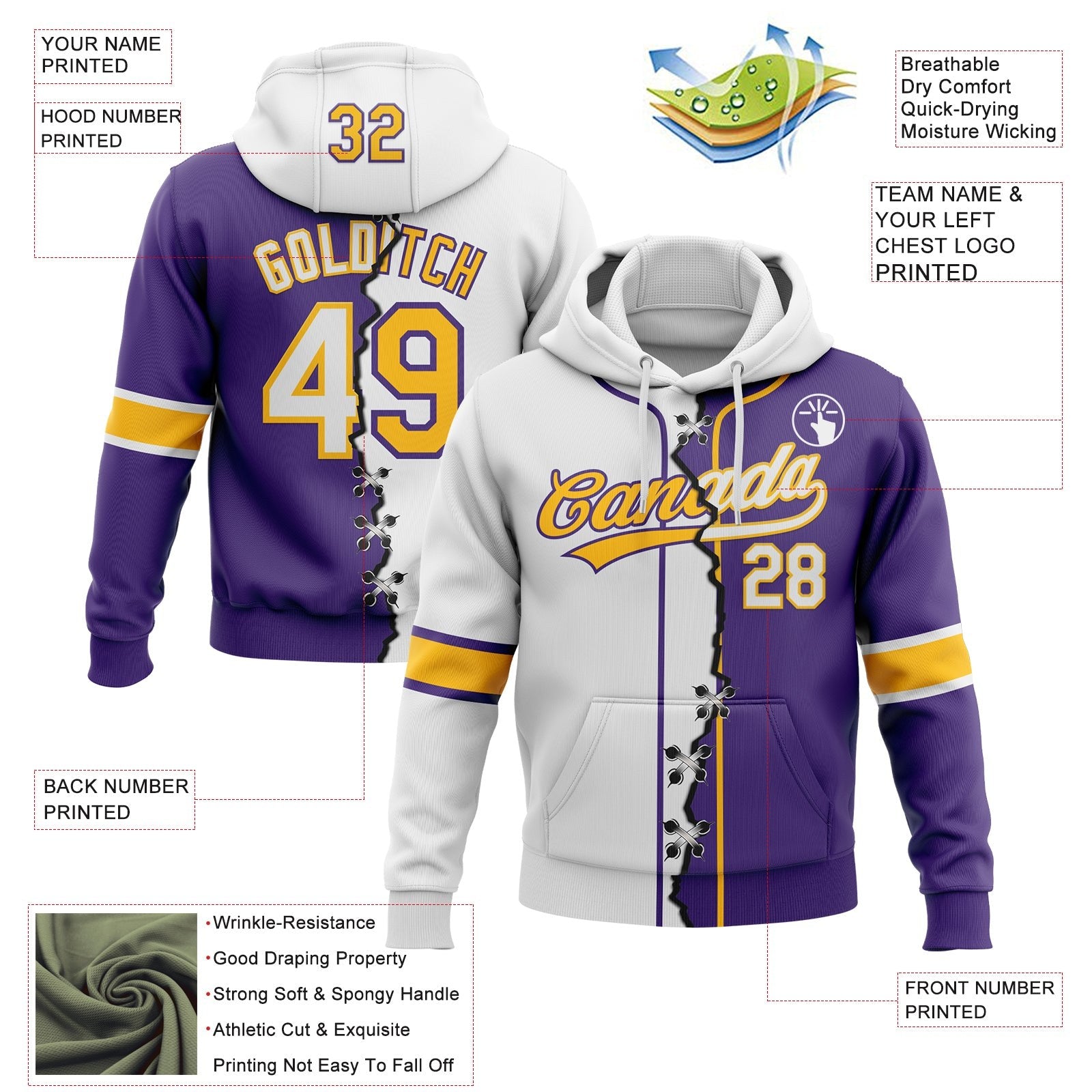 Custom Purple White-Gold Split Ripped Pattern Baseball Pullover Sweatshirt Hoodie photo 3