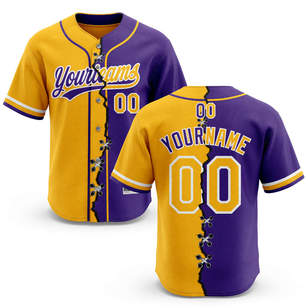 Custom Purple Gold-White Split Ripped Pattern Baseball Pullover Sweatshirt Hoodie
