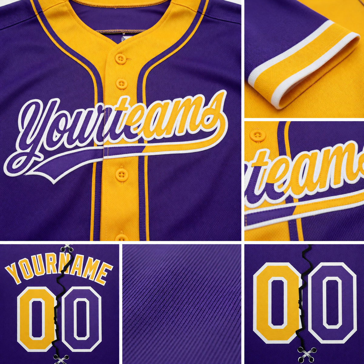 Custom Purple Gold-White Split Ripped Pattern Baseball Pullover Sweatshirt Hoodie detail