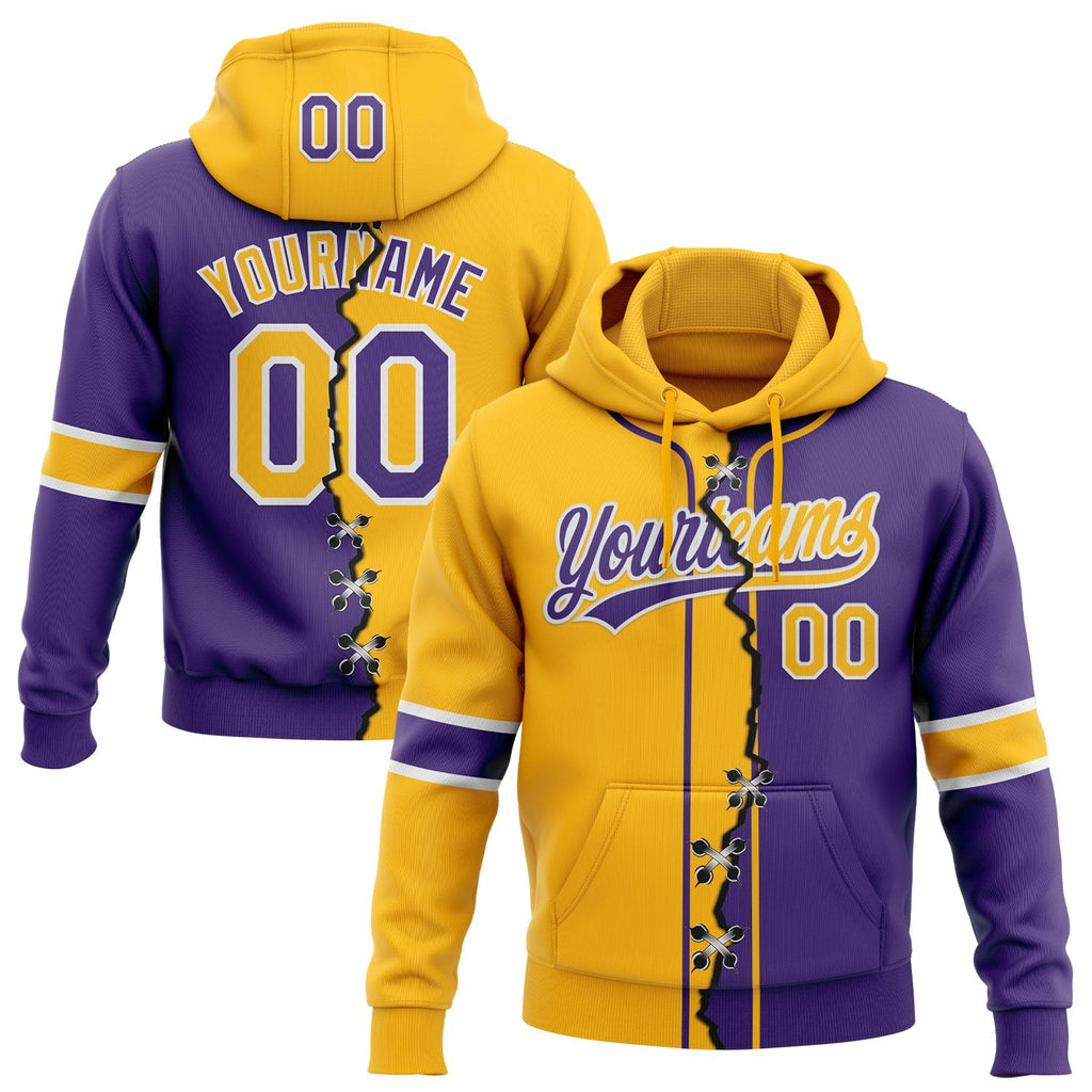 Custom Purple Gold-White Split Ripped Pattern Baseball Pullover Sweatshirt Hoodie photo 1
