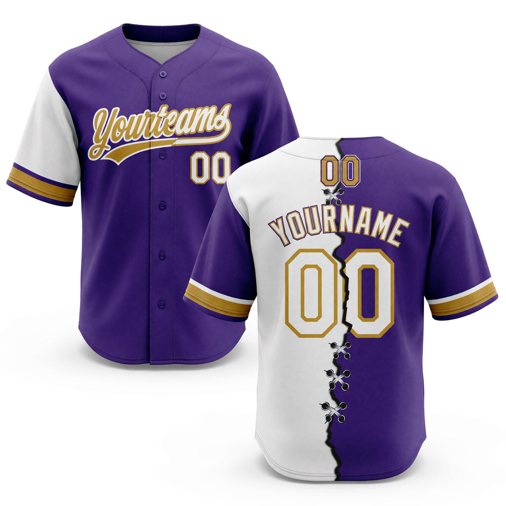Custom Purple White-Old Gold Split Ripped Pattern Baseball Pullover Sweatshirt Hoodie