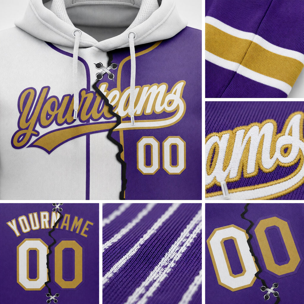 Custom Purple White-Old Gold Split Ripped Pattern Baseball Pullover Sweatshirt Hoodie detail