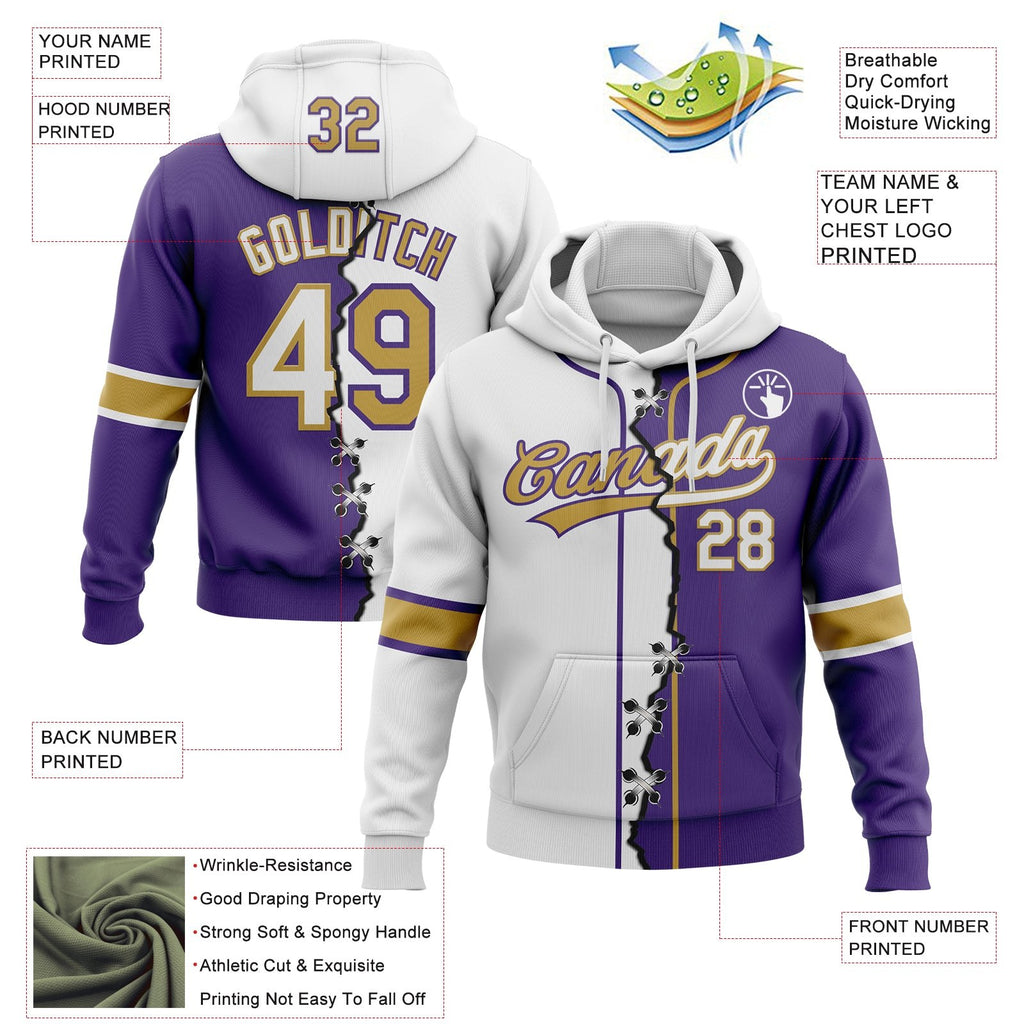 Custom Purple White-Old Gold Split Ripped Pattern Baseball Pullover Sweatshirt Hoodie photo 3