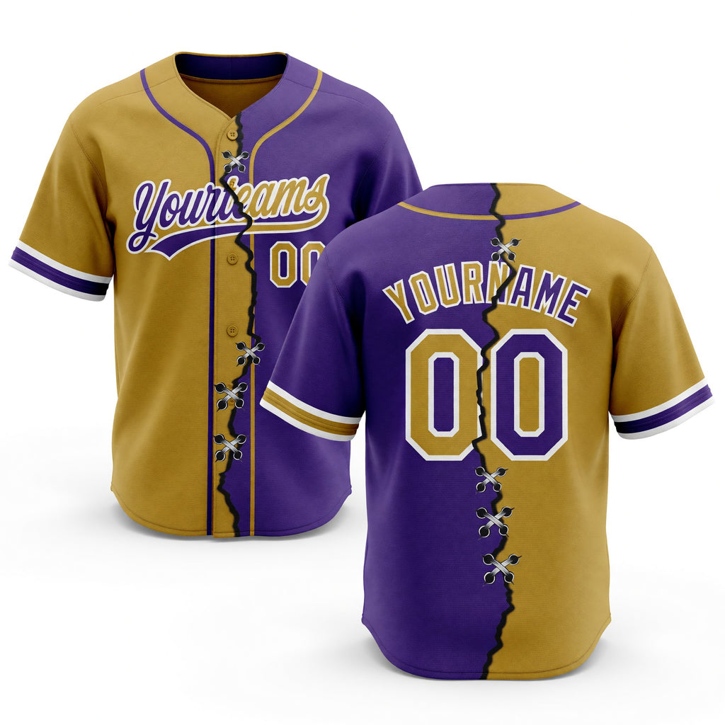 Custom Purple Old Gold-White Split Ripped Pattern Baseball Pullover Sweatshirt Hoodie