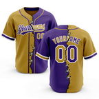 Custom Purple Old Gold-White Split Ripped Pattern Baseball Pullover Sweatshirt Hoodie
