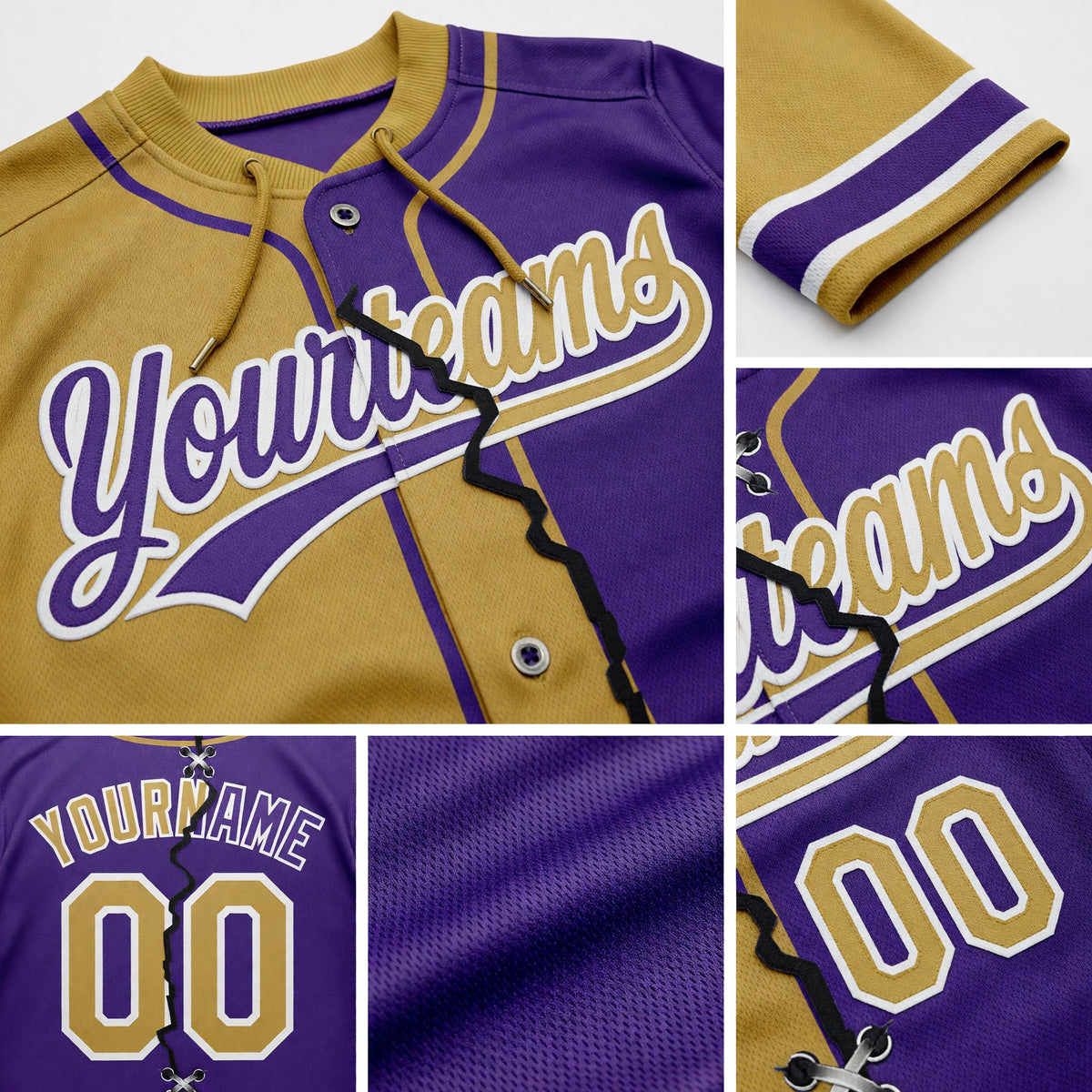 Custom Purple Old Gold-White Split Ripped Pattern Baseball Pullover Sweatshirt Hoodie detail