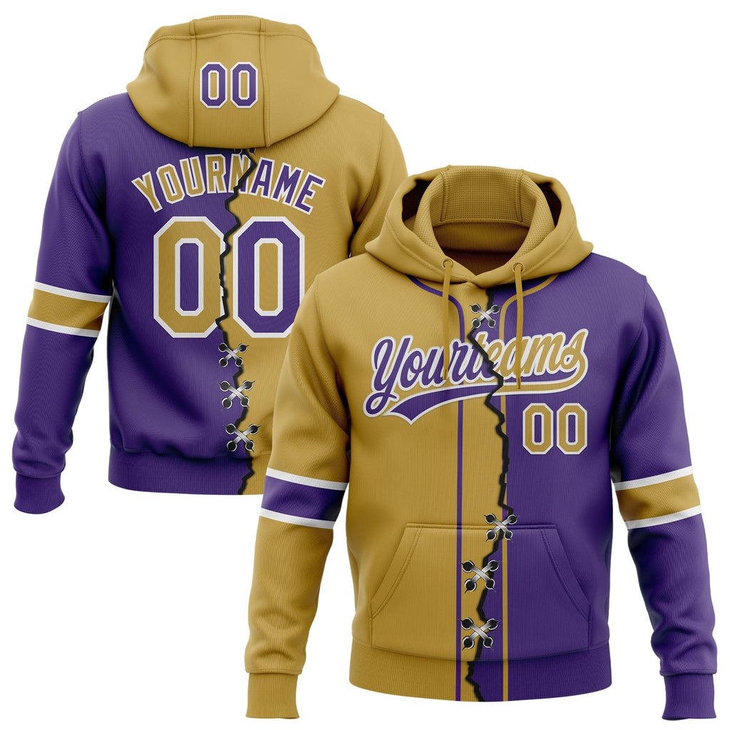 Custom Purple Old Gold-White Split Ripped Pattern Baseball Pullover Sweatshirt Hoodie photo 1