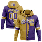 Custom Purple Old Gold-White Split Ripped Pattern Baseball Pullover Sweatshirt Hoodie photo 1