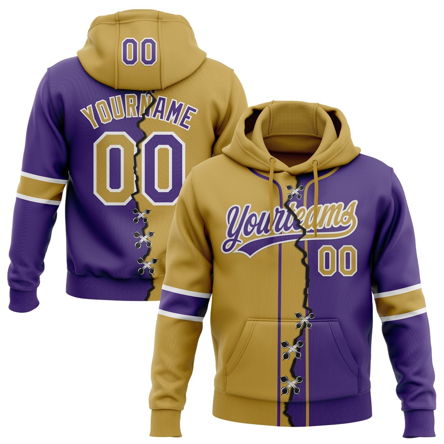 Custom Purple Old Gold-White Split Ripped Pattern Baseball Pullover Sweatshirt Hoodie photo 1