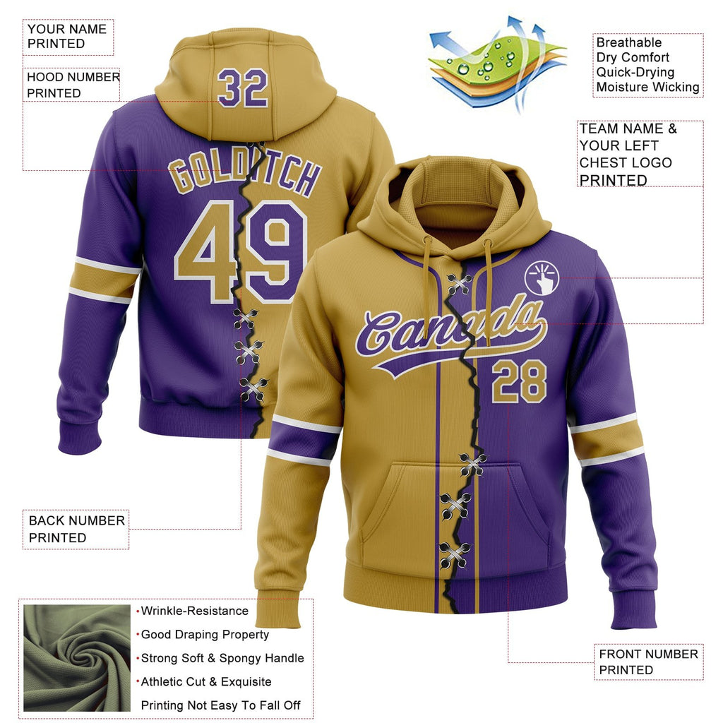 Custom Purple Old Gold-White Split Ripped Pattern Baseball Pullover Sweatshirt Hoodie photo 3