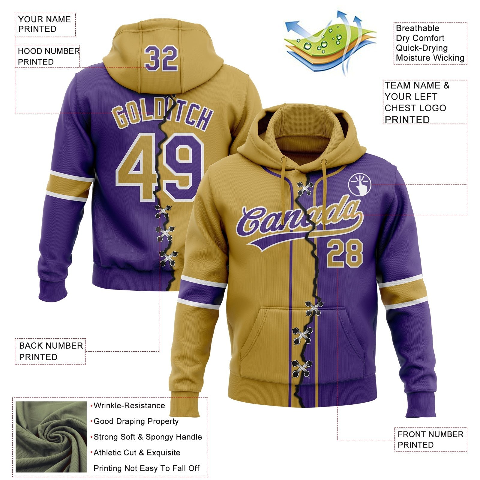 Custom Purple Old Gold-White Split Ripped Pattern Baseball Pullover Sweatshirt Hoodie photo 3