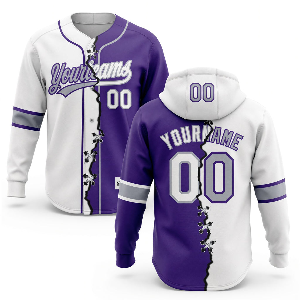 Custom Purple White-Gray Split Ripped Pattern Baseball Pullover Sweatshirt Hoodie