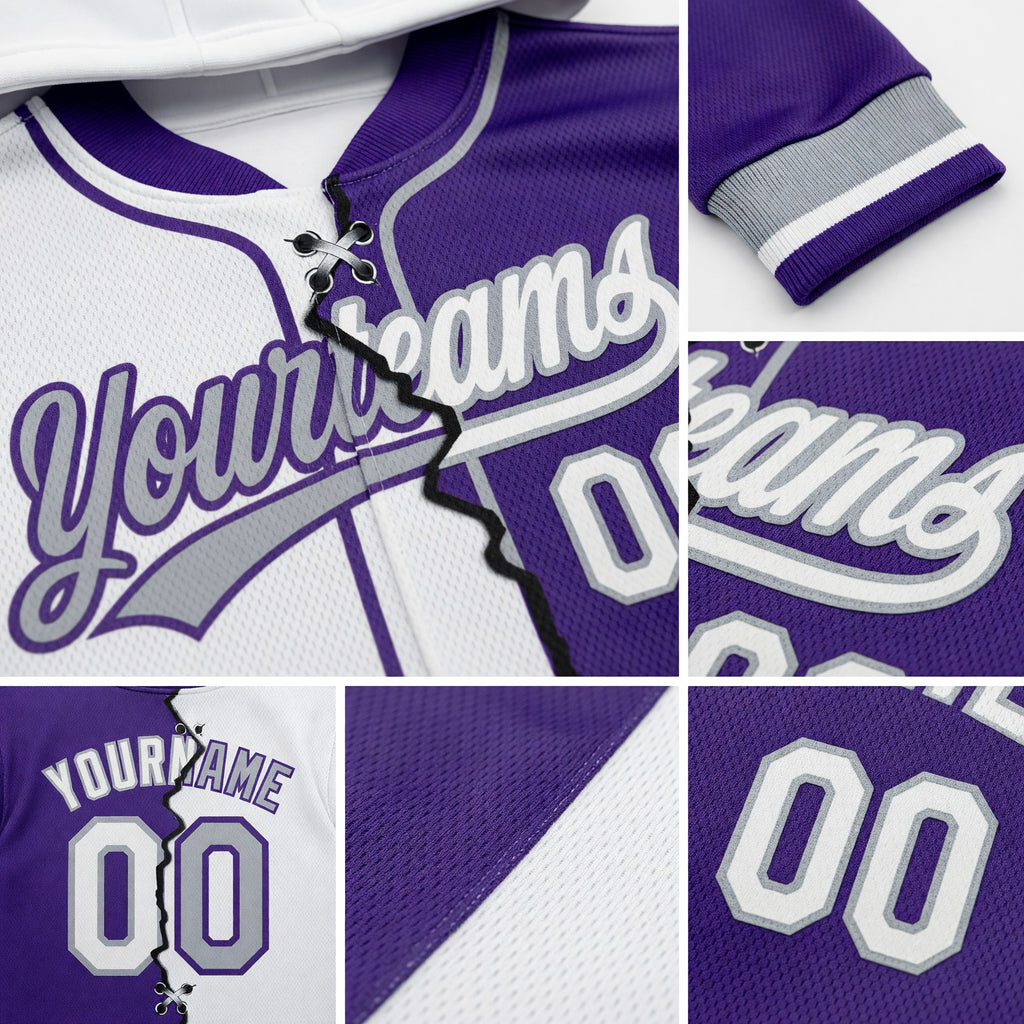 Custom Purple White-Gray Split Ripped Pattern Baseball Pullover Sweatshirt Hoodie detail