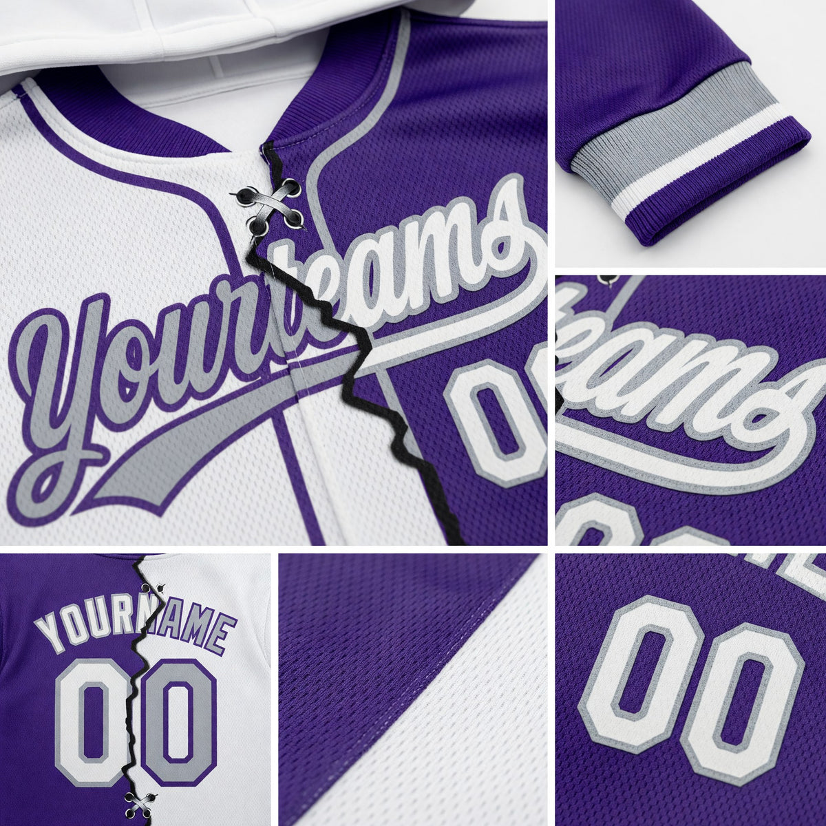 Custom Purple White-Gray Split Ripped Pattern Baseball Pullover Sweatshirt Hoodie detail