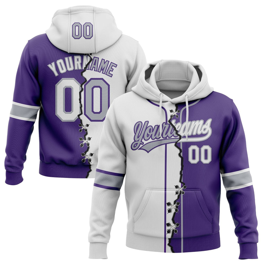 Custom Purple White-Gray Split Ripped Pattern Baseball Pullover Sweatshirt Hoodie photo 1