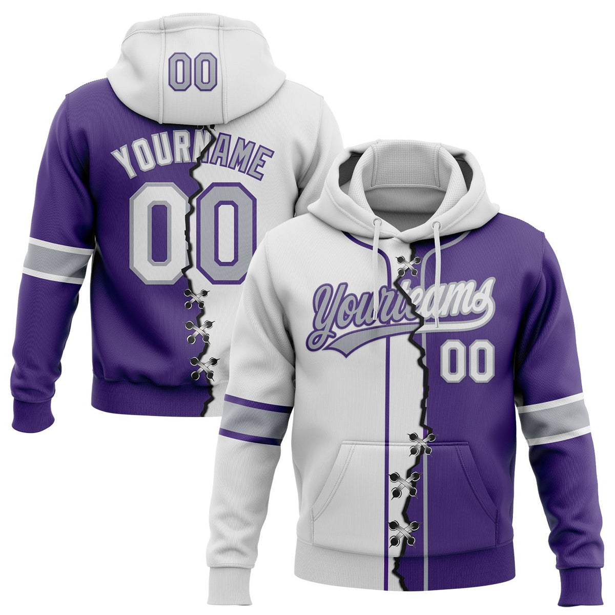 Custom Purple White-Gray Split Ripped Pattern Baseball Pullover Sweatshirt Hoodie photo 1