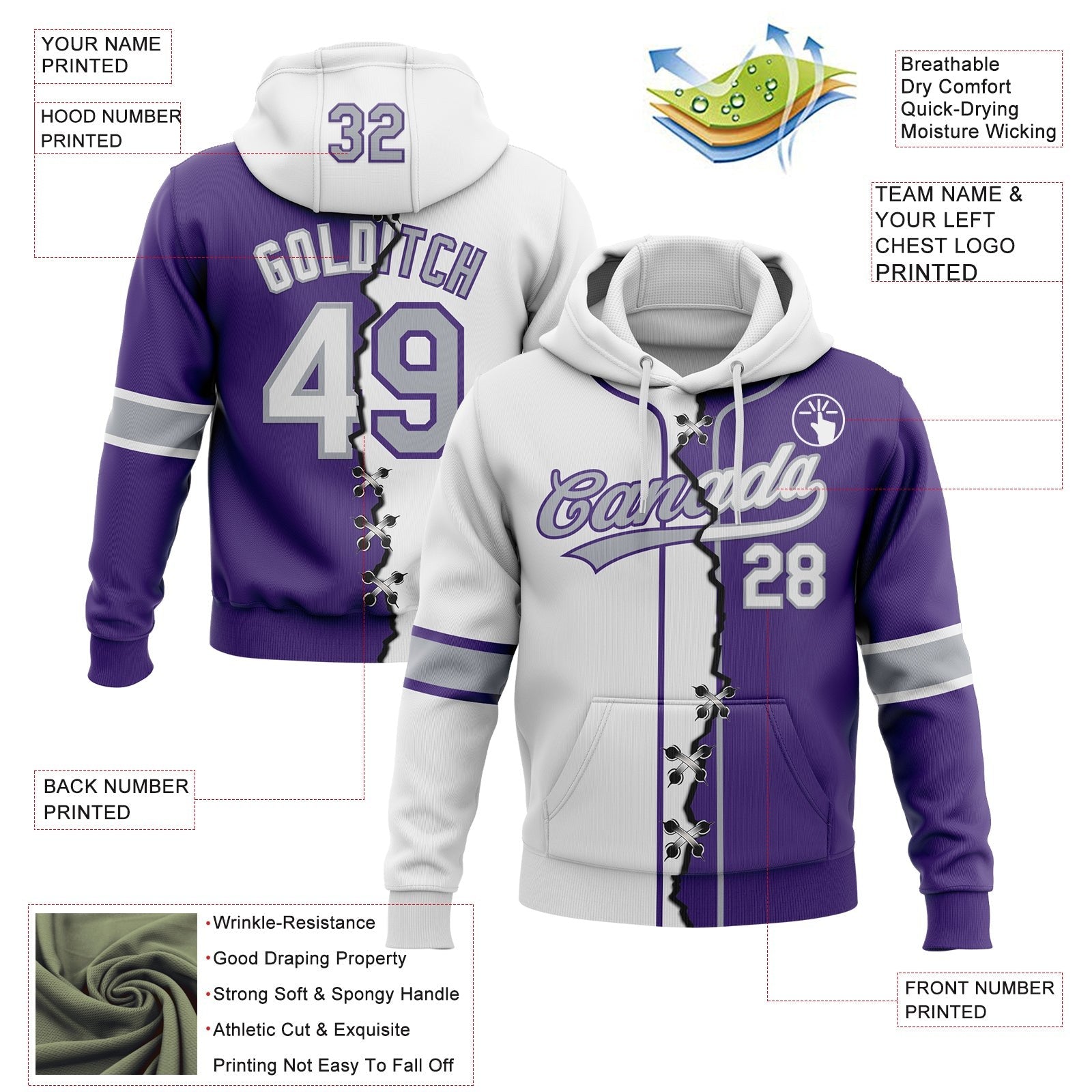 Custom Purple White-Gray Split Ripped Pattern Baseball Pullover Sweatshirt Hoodie photo 3