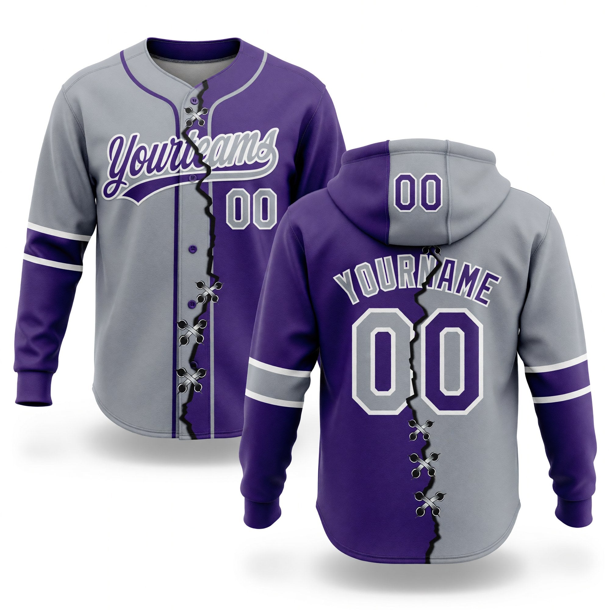 Custom Purple Gray-White Split Ripped Pattern Baseball Pullover Sweatshirt Hoodie