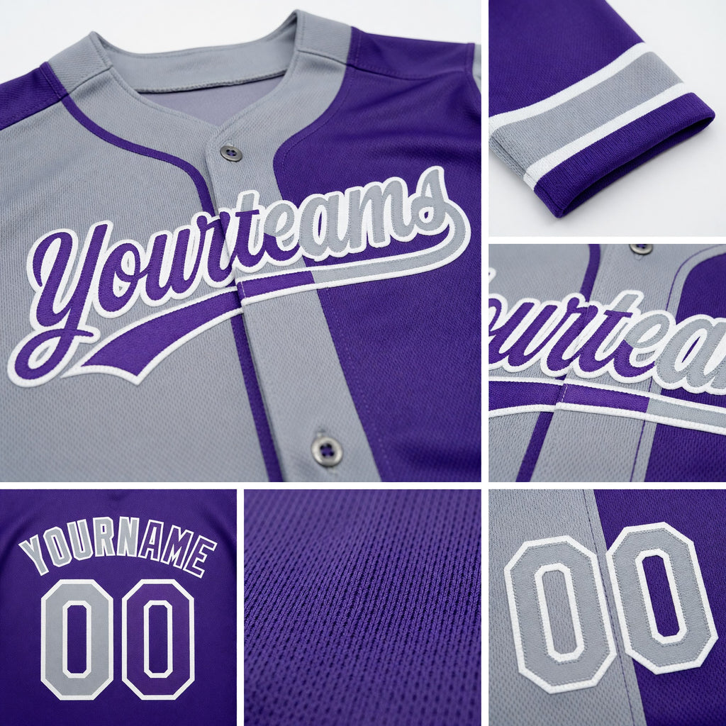 Custom Purple Gray-White Split Ripped Pattern Baseball Pullover Sweatshirt Hoodie detail