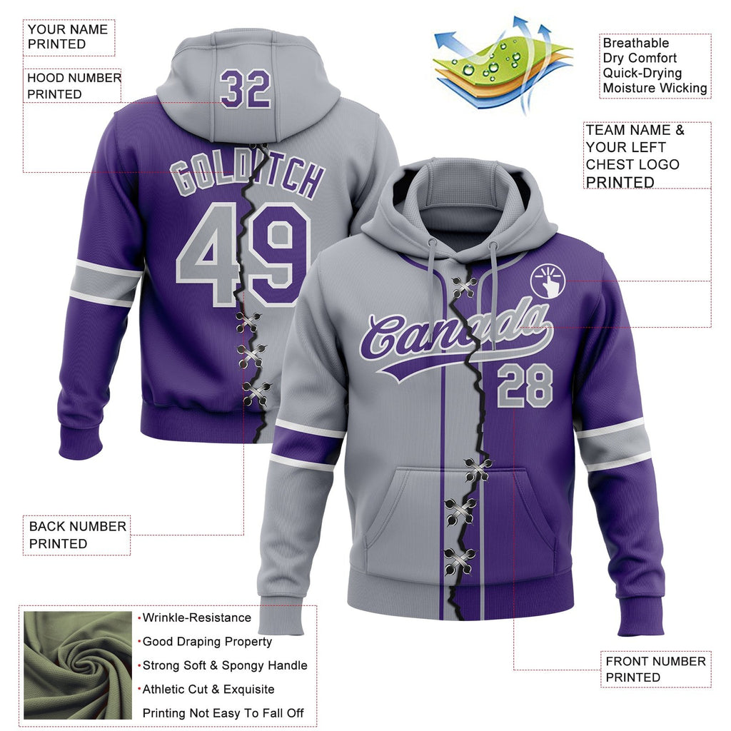 Custom Purple Gray-White Split Ripped Pattern Baseball Pullover Sweatshirt Hoodie photo 3