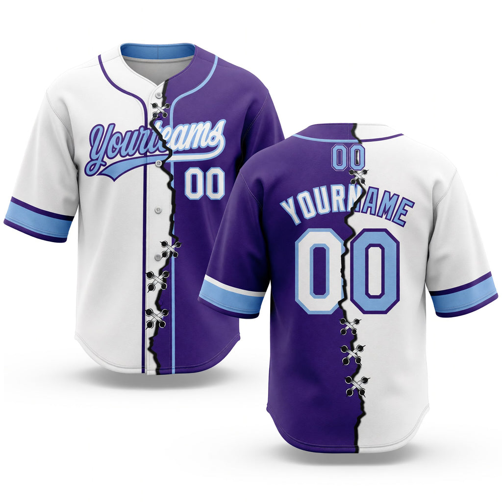 Custom Purple White-Light Blue Split Ripped Pattern Baseball Pullover Sweatshirt Hoodie