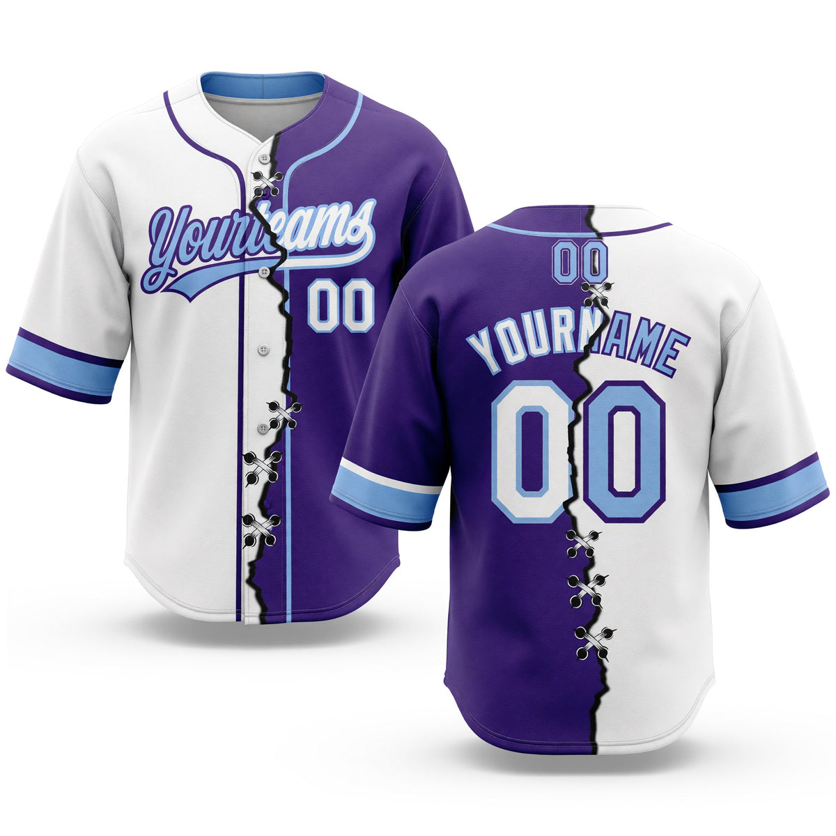Custom Purple White-Light Blue Split Ripped Pattern Baseball Pullover Sweatshirt Hoodie