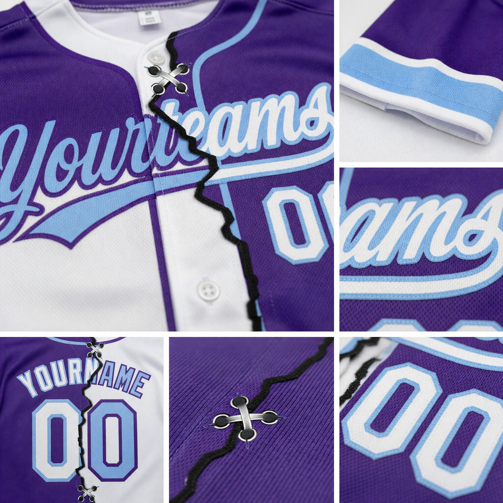 Custom Purple White-Light Blue Split Ripped Pattern Baseball Pullover Sweatshirt Hoodie detail