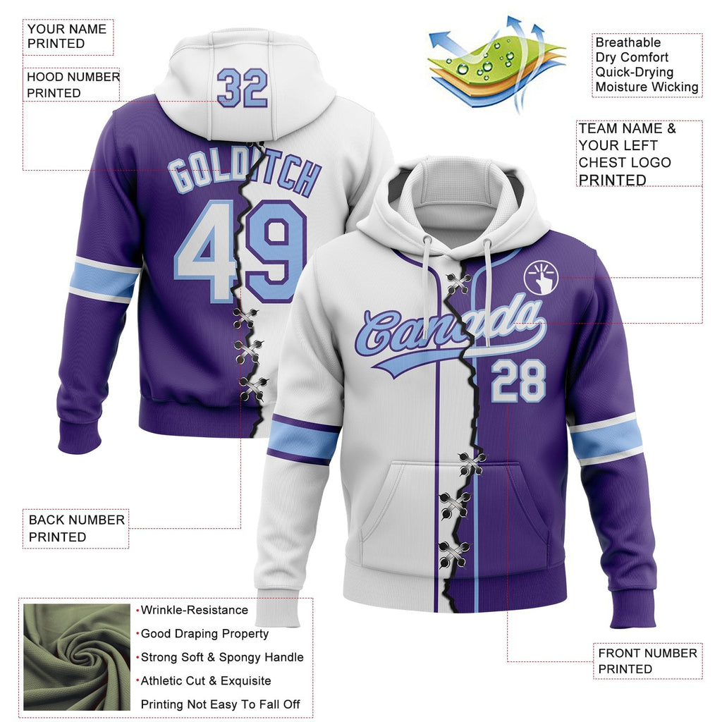 Custom Purple White-Light Blue Split Ripped Pattern Baseball Pullover Sweatshirt Hoodie photo 3