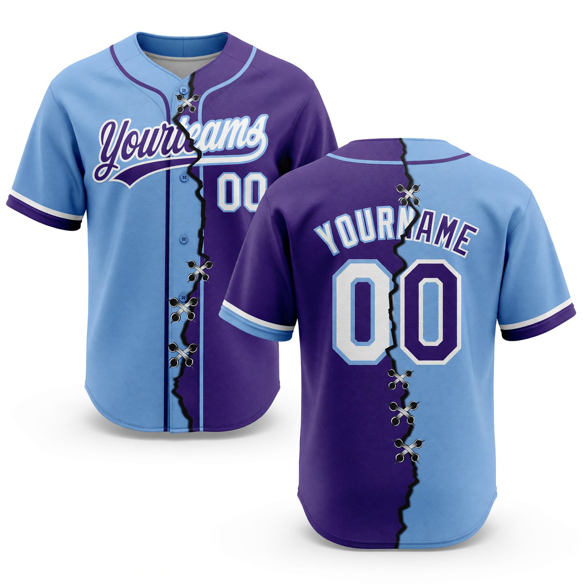 Custom Purple White-Light Blue Split Ripped Pattern Baseball Pullover Sweatshirt Hoodie