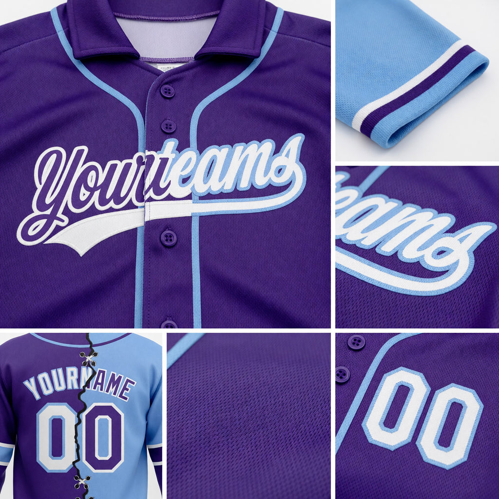 Custom Purple White-Light Blue Split Ripped Pattern Baseball Pullover Sweatshirt Hoodie detail
