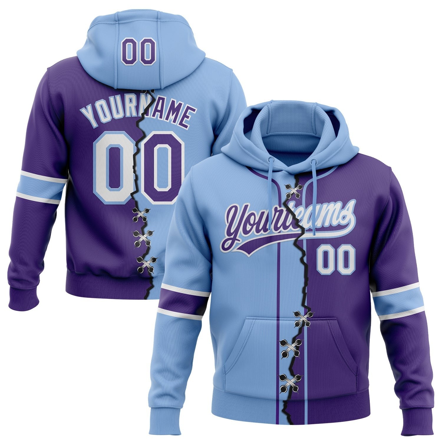 Custom Purple White-Light Blue Split Ripped Pattern Baseball Pullover Sweatshirt Hoodie photo 1