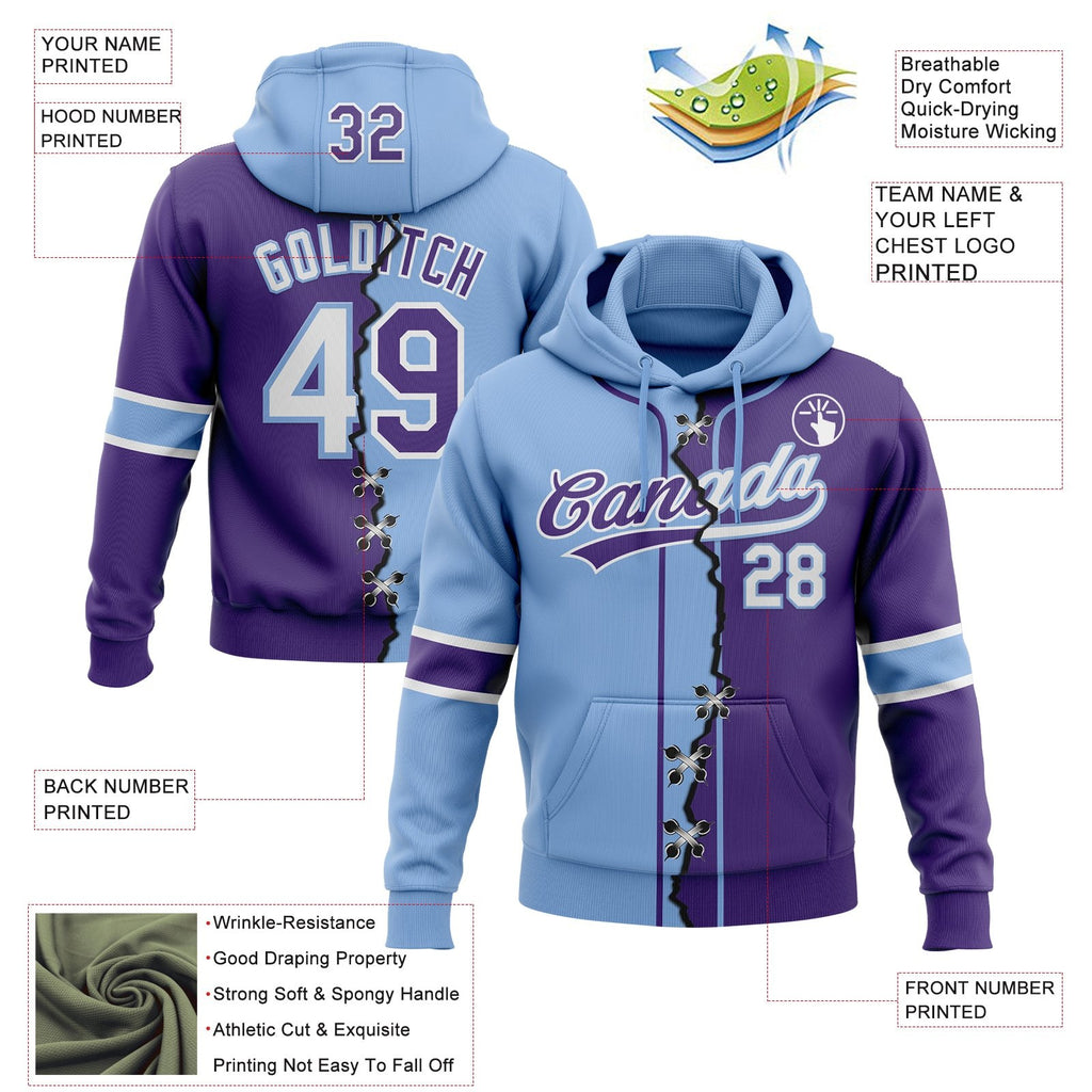 Custom Purple White-Light Blue Split Ripped Pattern Baseball Pullover Sweatshirt Hoodie photo 3
