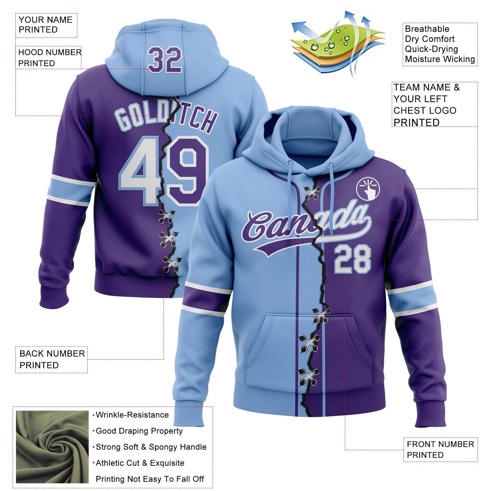 Custom Purple White-Light Blue Split Ripped Pattern Baseball Pullover Sweatshirt Hoodie photo 3