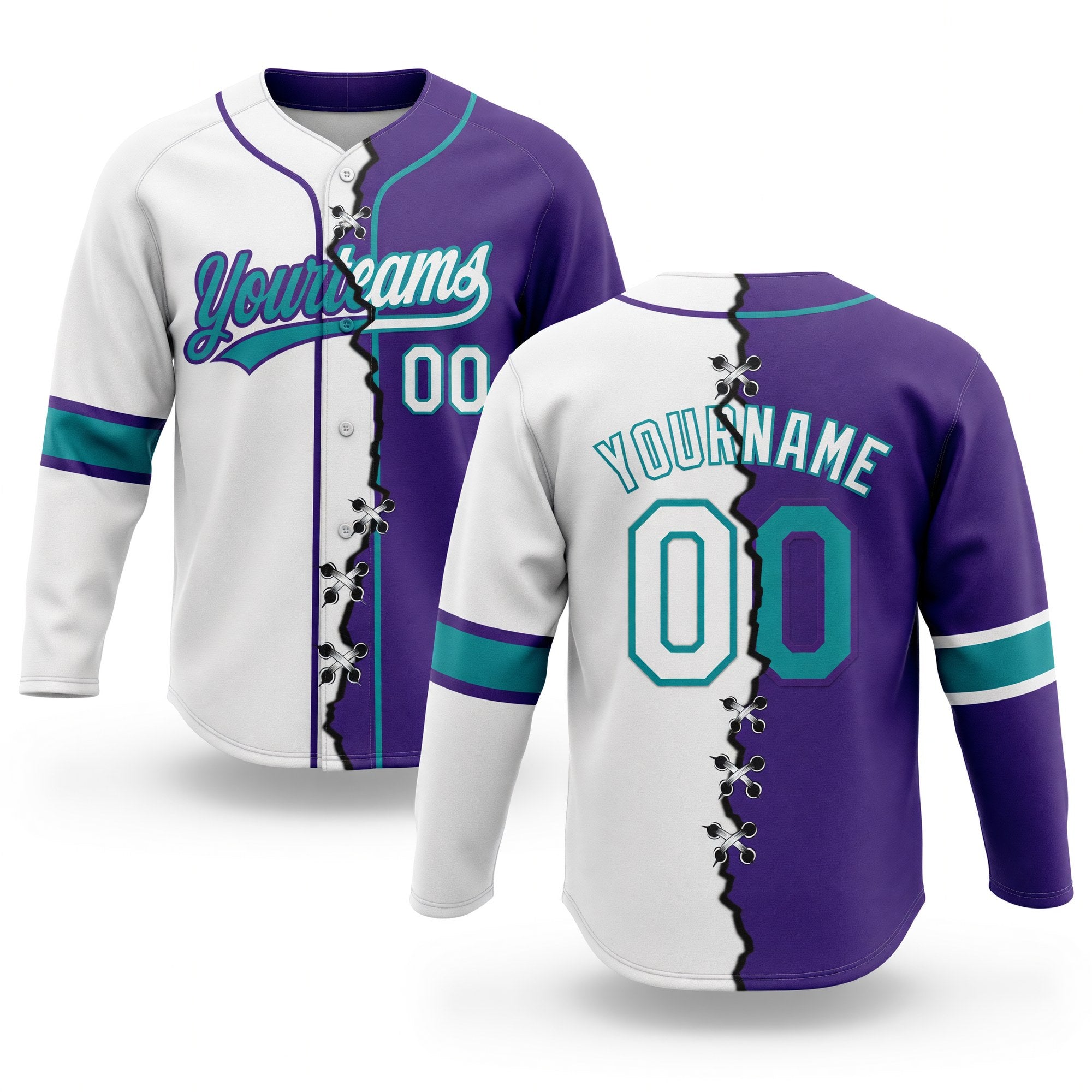 Custom Purple White-Teal Split Ripped Pattern Baseball Pullover Sweatshirt Hoodie