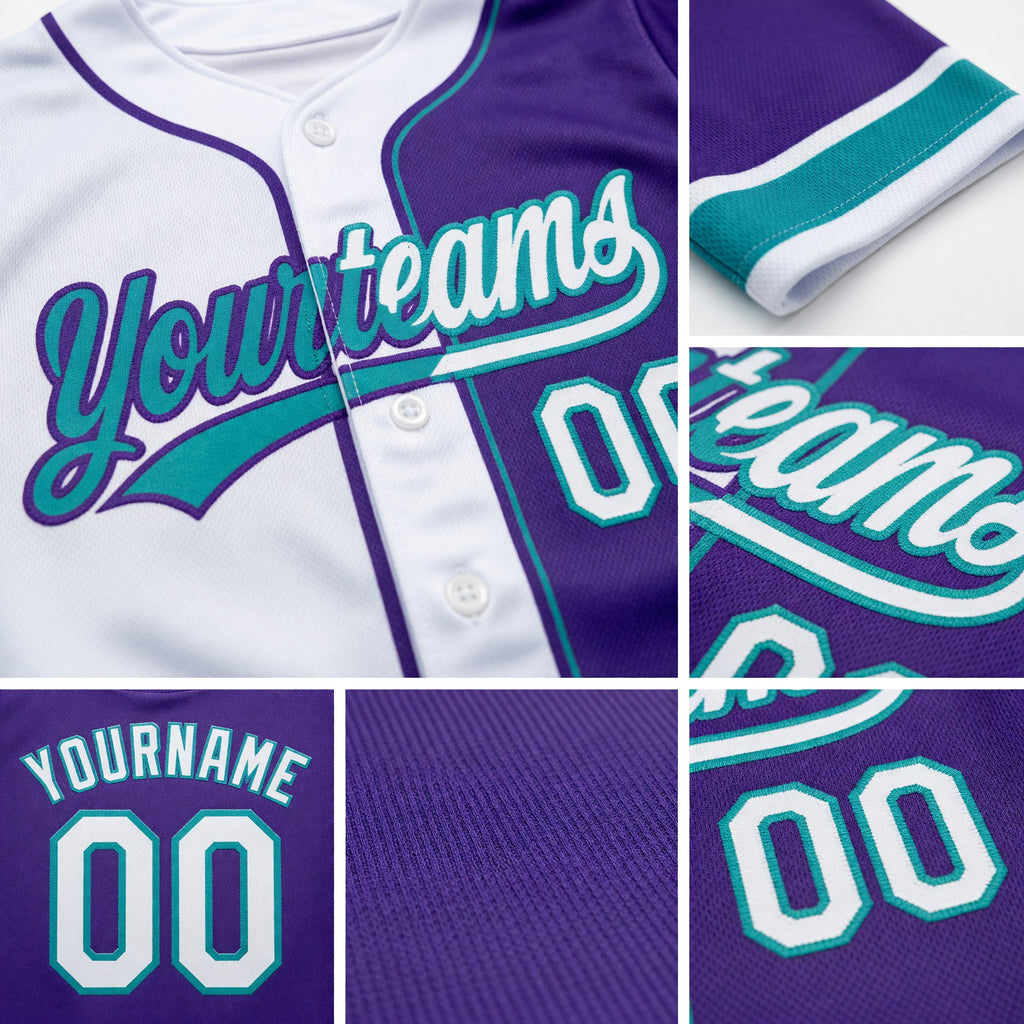 Custom Purple White-Teal Split Ripped Pattern Baseball Pullover Sweatshirt Hoodie detail