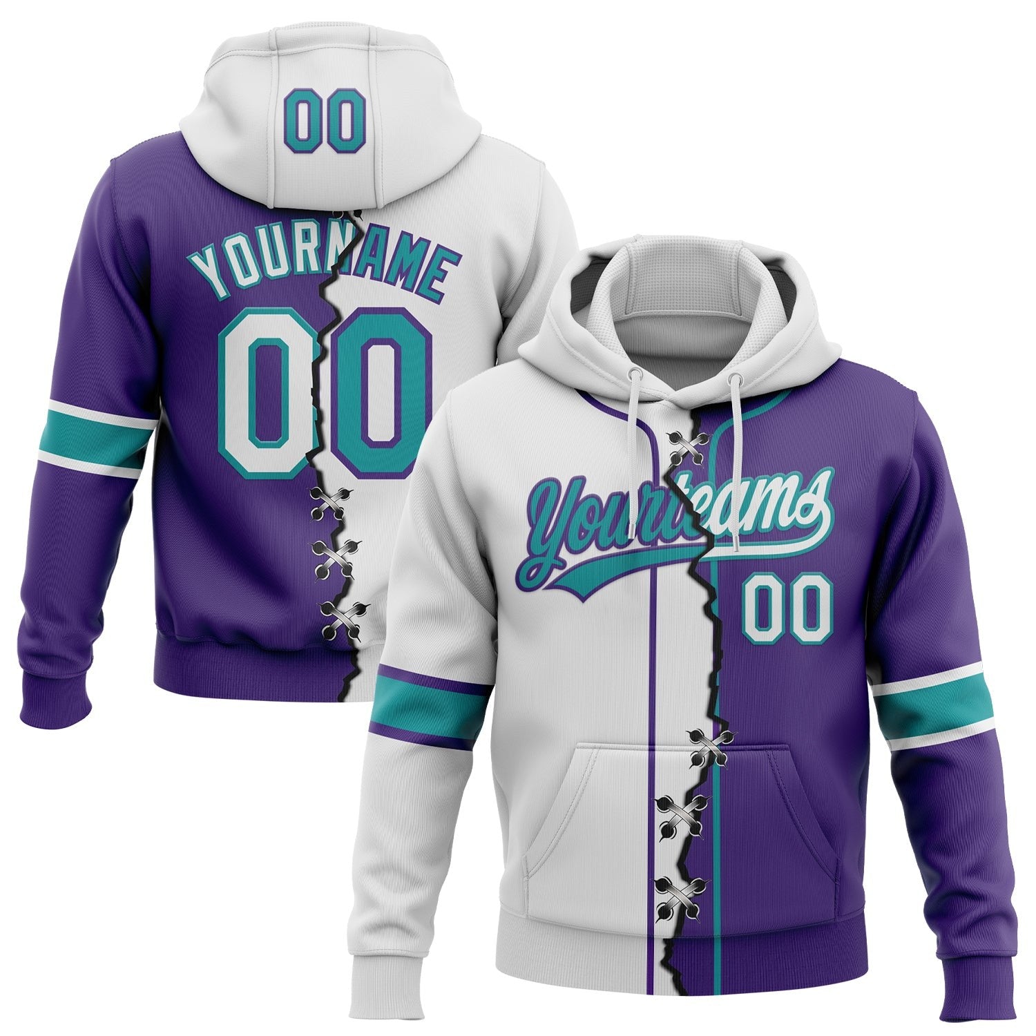 Custom Purple White-Teal Split Ripped Pattern Baseball Pullover Sweatshirt Hoodie photo 1
