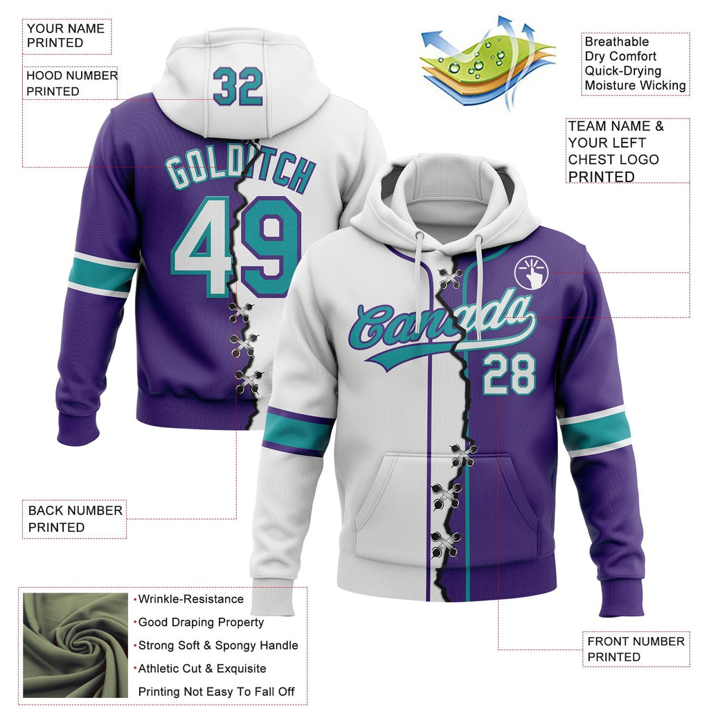 Custom Purple White-Teal Split Ripped Pattern Baseball Pullover Sweatshirt Hoodie photo 3