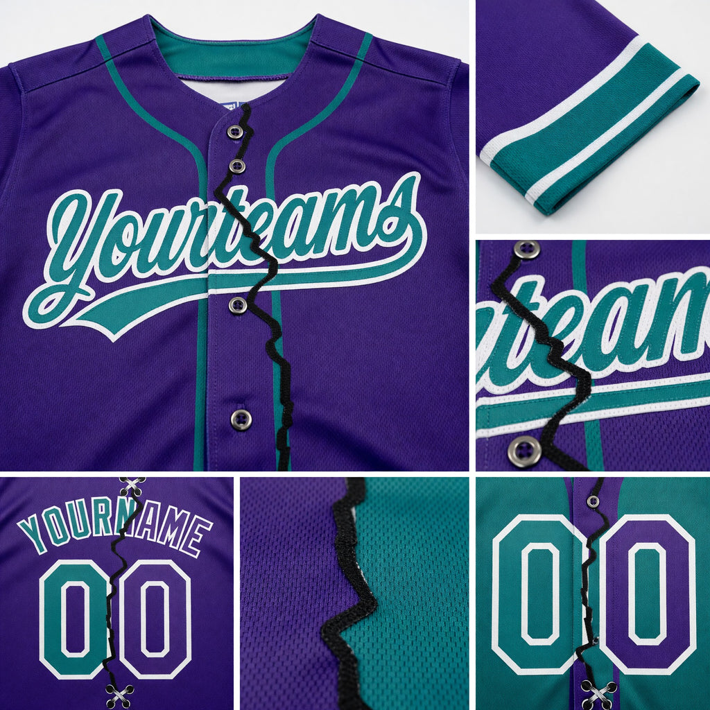 Custom Purple Teal-White Split Ripped Pattern Baseball Pullover Sweatshirt Hoodie detail