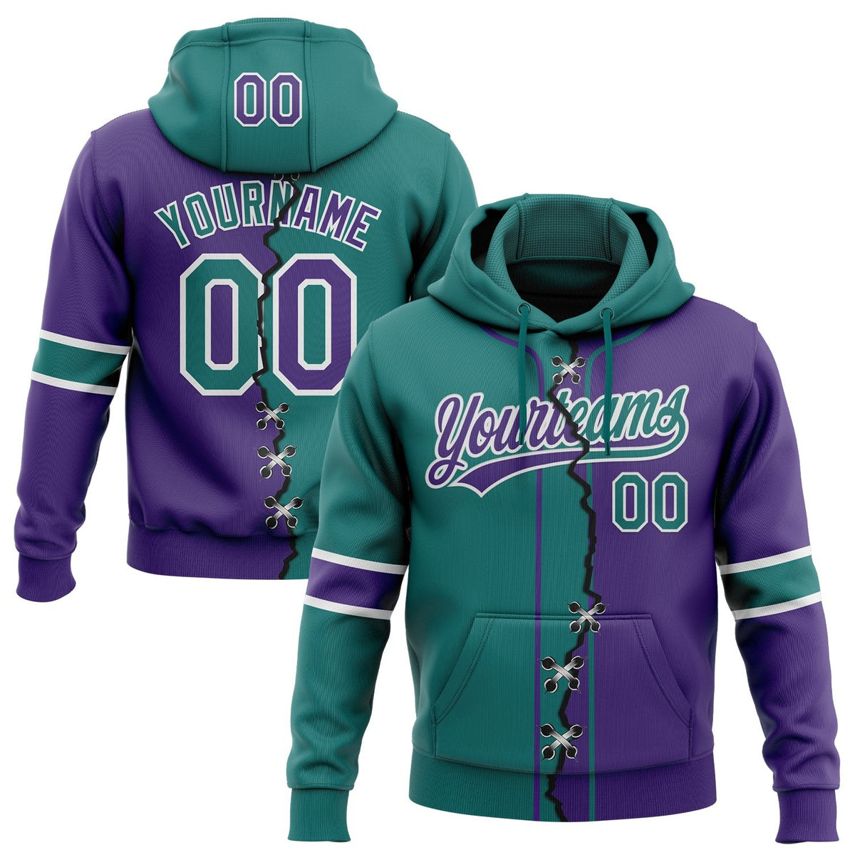 Custom Purple Teal-White Split Ripped Pattern Baseball Pullover Sweatshirt Hoodie photo 1