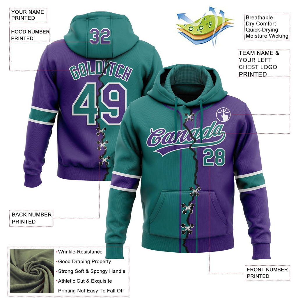 Custom Purple Teal-White Split Ripped Pattern Baseball Pullover Sweatshirt Hoodie photo 3
