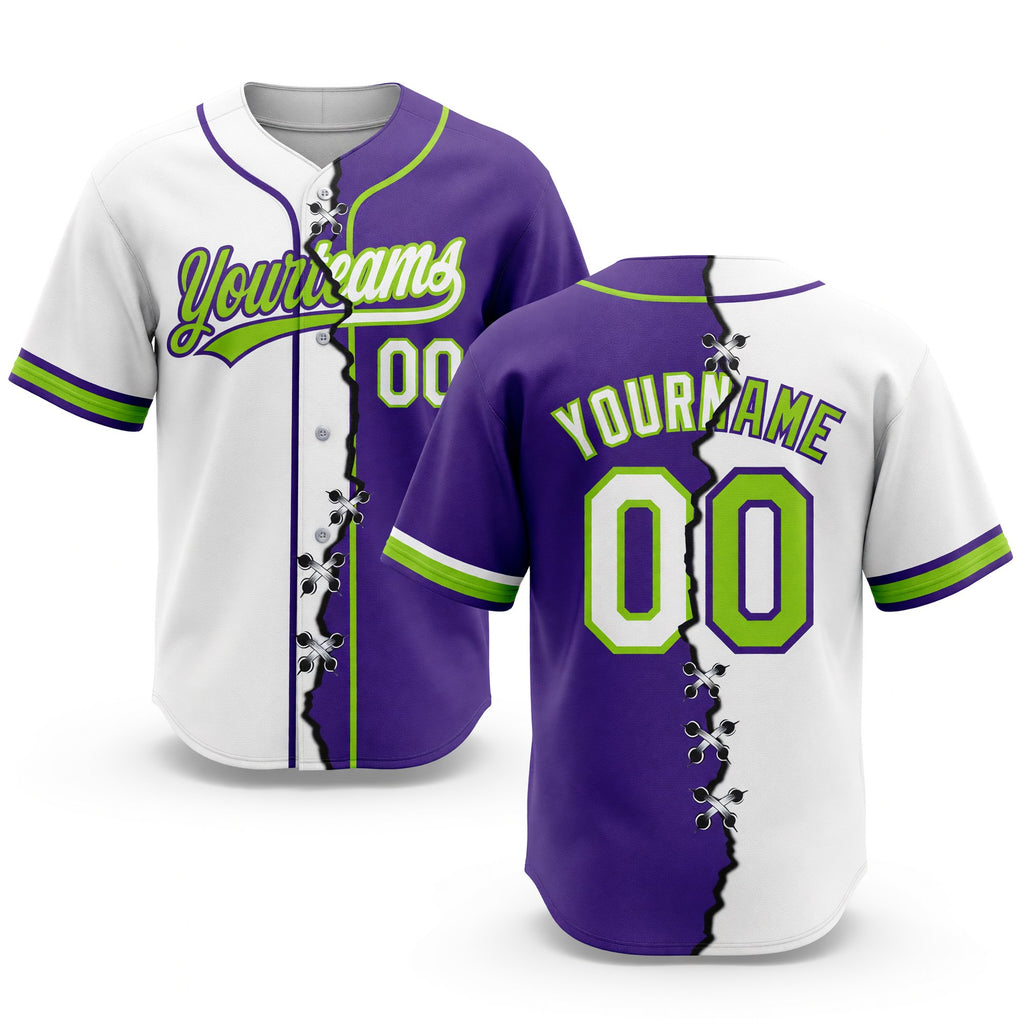 Custom Purple White-Neon Green Split Ripped Pattern Baseball Pullover Sweatshirt Hoodie