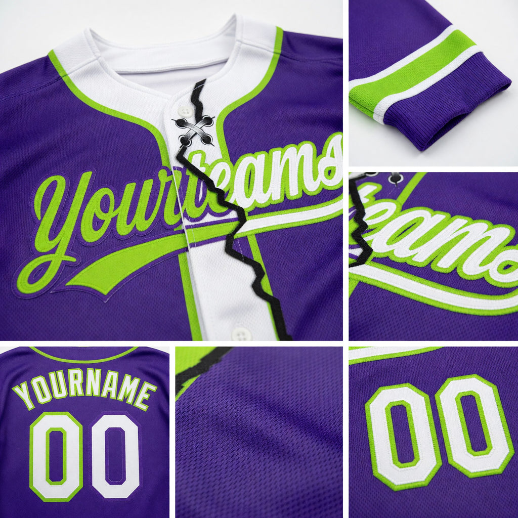 Custom Purple White-Neon Green Split Ripped Pattern Baseball Pullover Sweatshirt Hoodie detail