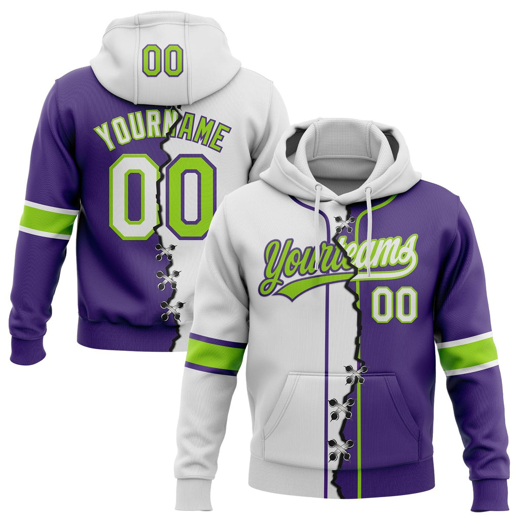 Custom Purple White-Neon Green Split Ripped Pattern Baseball Pullover Sweatshirt Hoodie photo 1