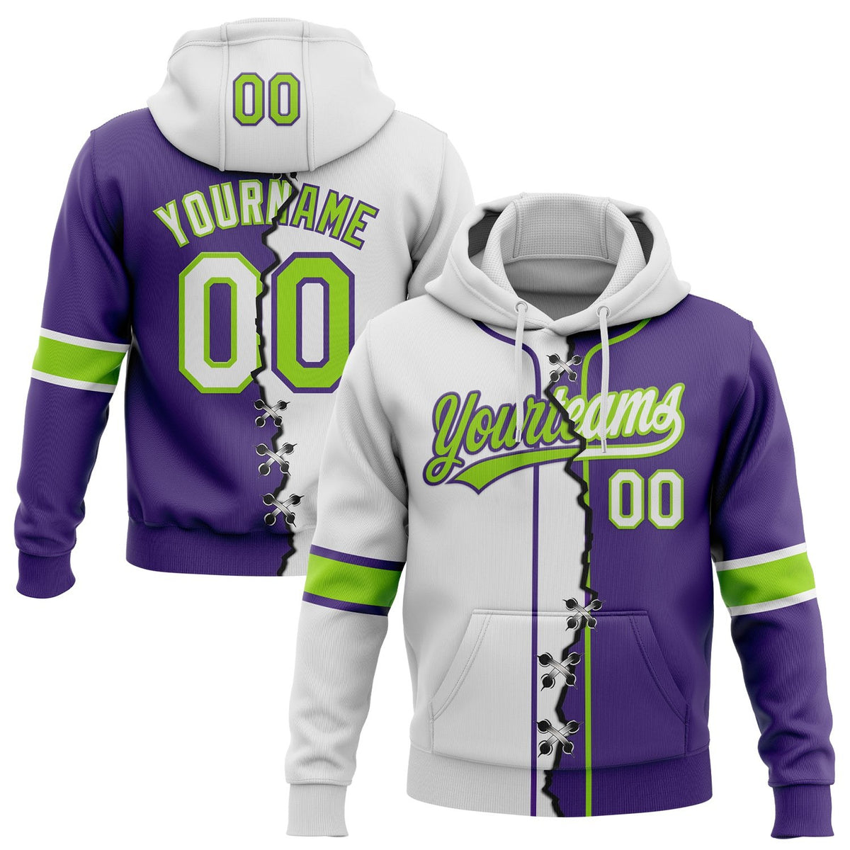 Custom Purple White-Neon Green Split Ripped Pattern Baseball Pullover Sweatshirt Hoodie photo 1