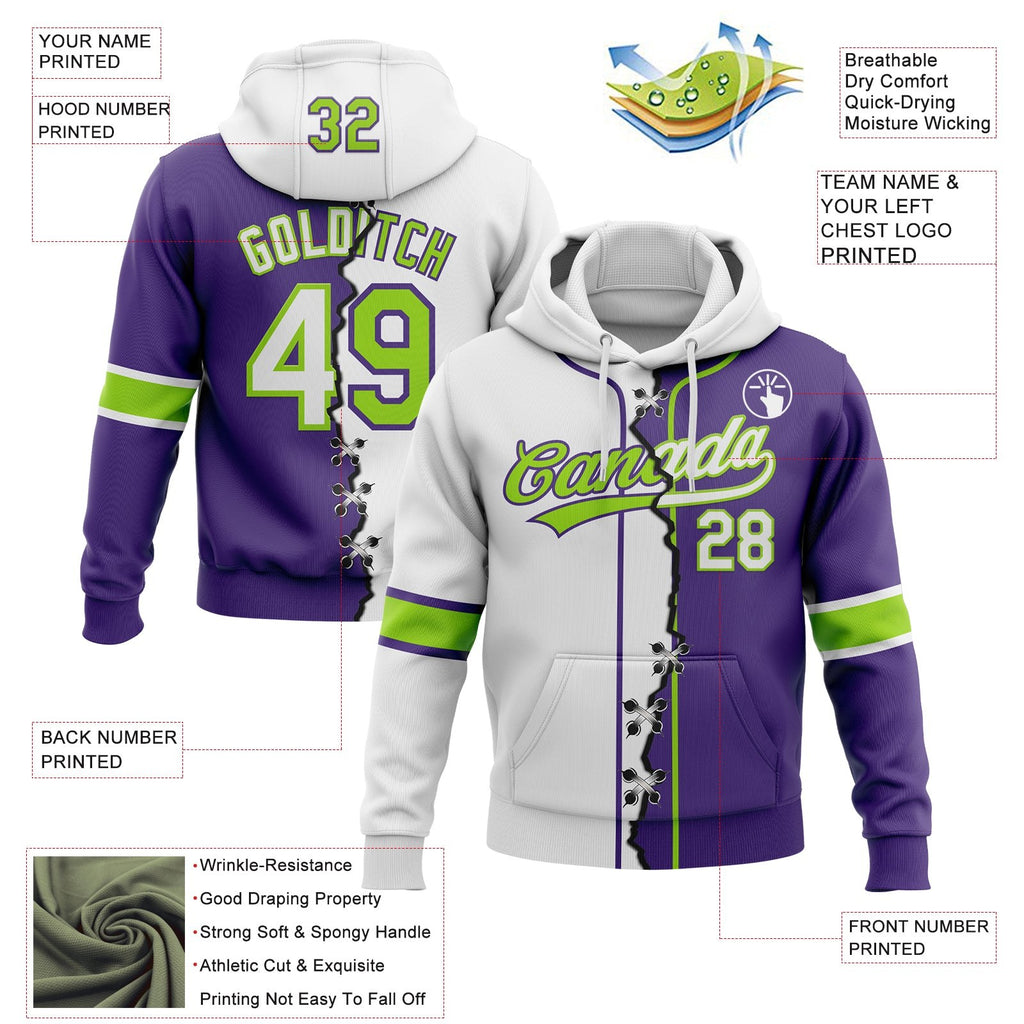 Custom Purple White-Neon Green Split Ripped Pattern Baseball Pullover Sweatshirt Hoodie photo 3