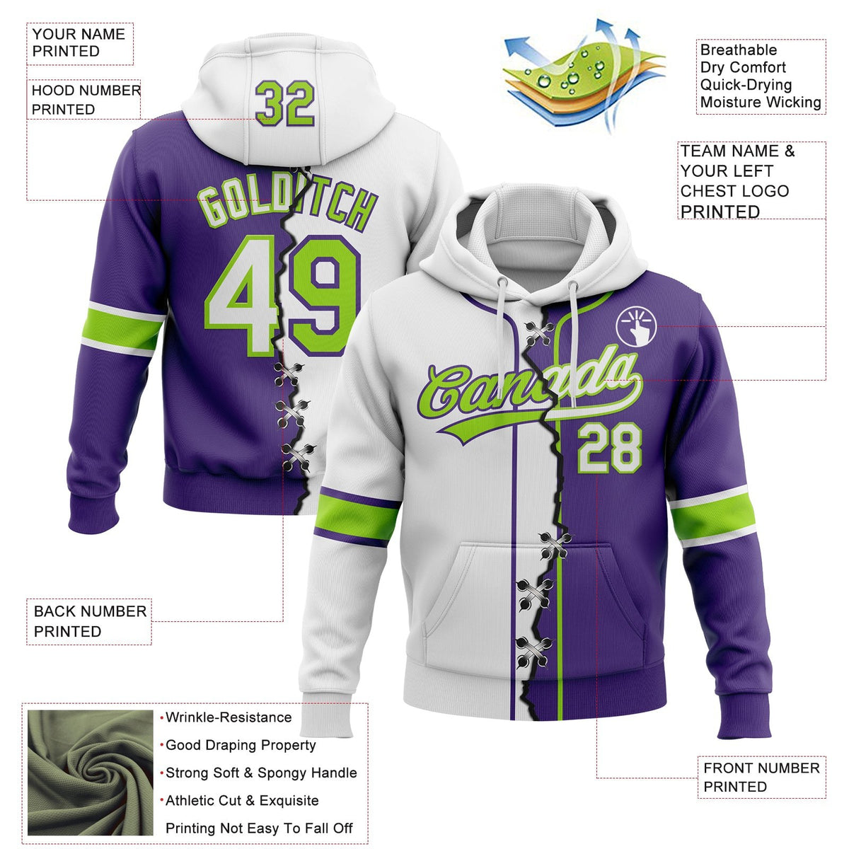 Custom Purple White-Neon Green Split Ripped Pattern Baseball Pullover Sweatshirt Hoodie photo 3