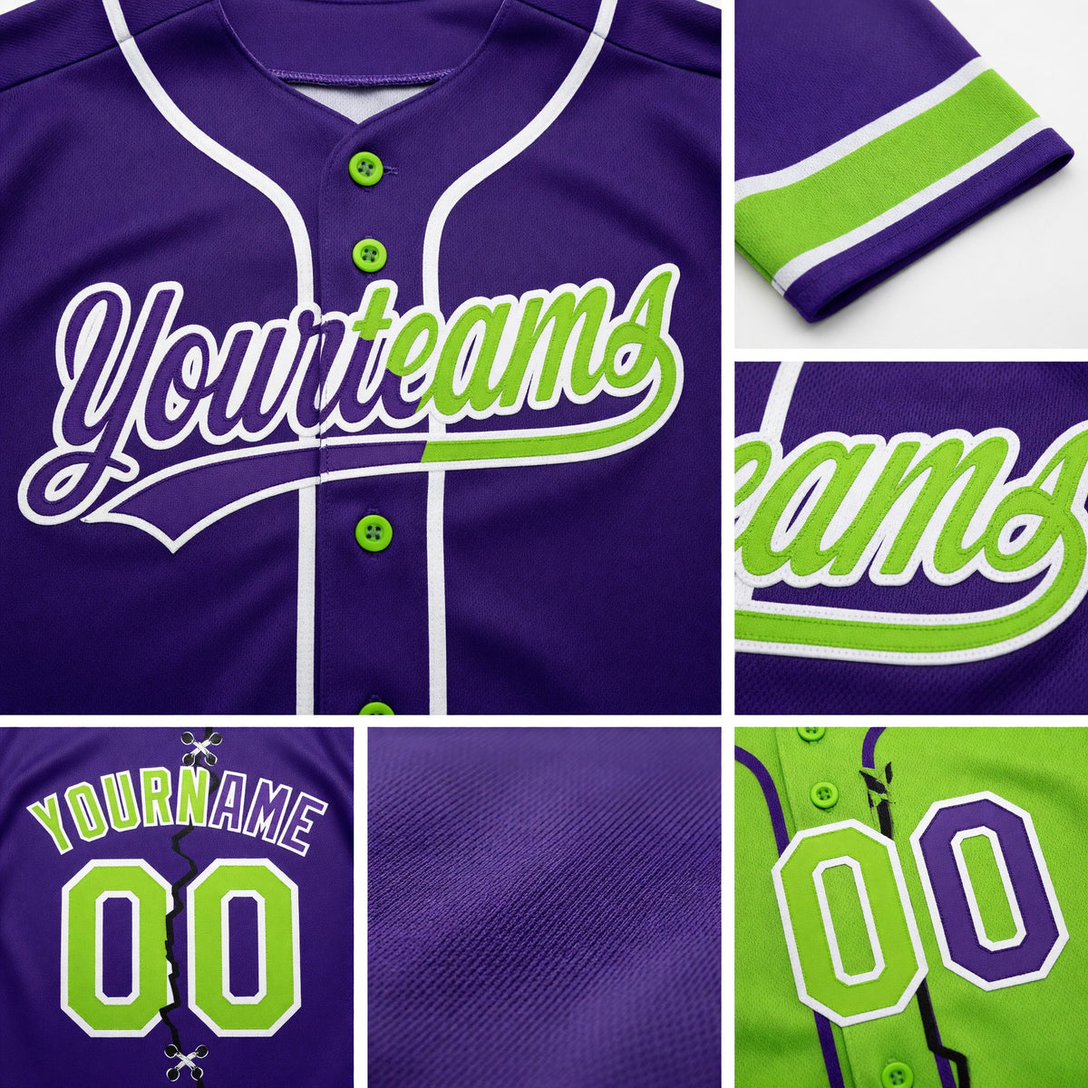 Custom Purple Neon Green-White Split Ripped Pattern Baseball Pullover Sweatshirt Hoodie detail