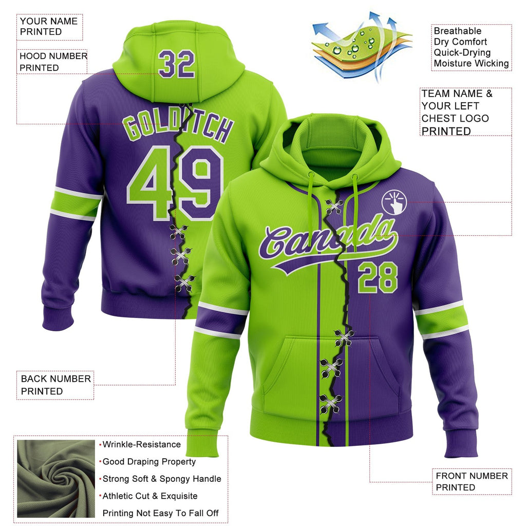 Custom Purple Neon Green-White Split Ripped Pattern Baseball Pullover Sweatshirt Hoodie photo 3